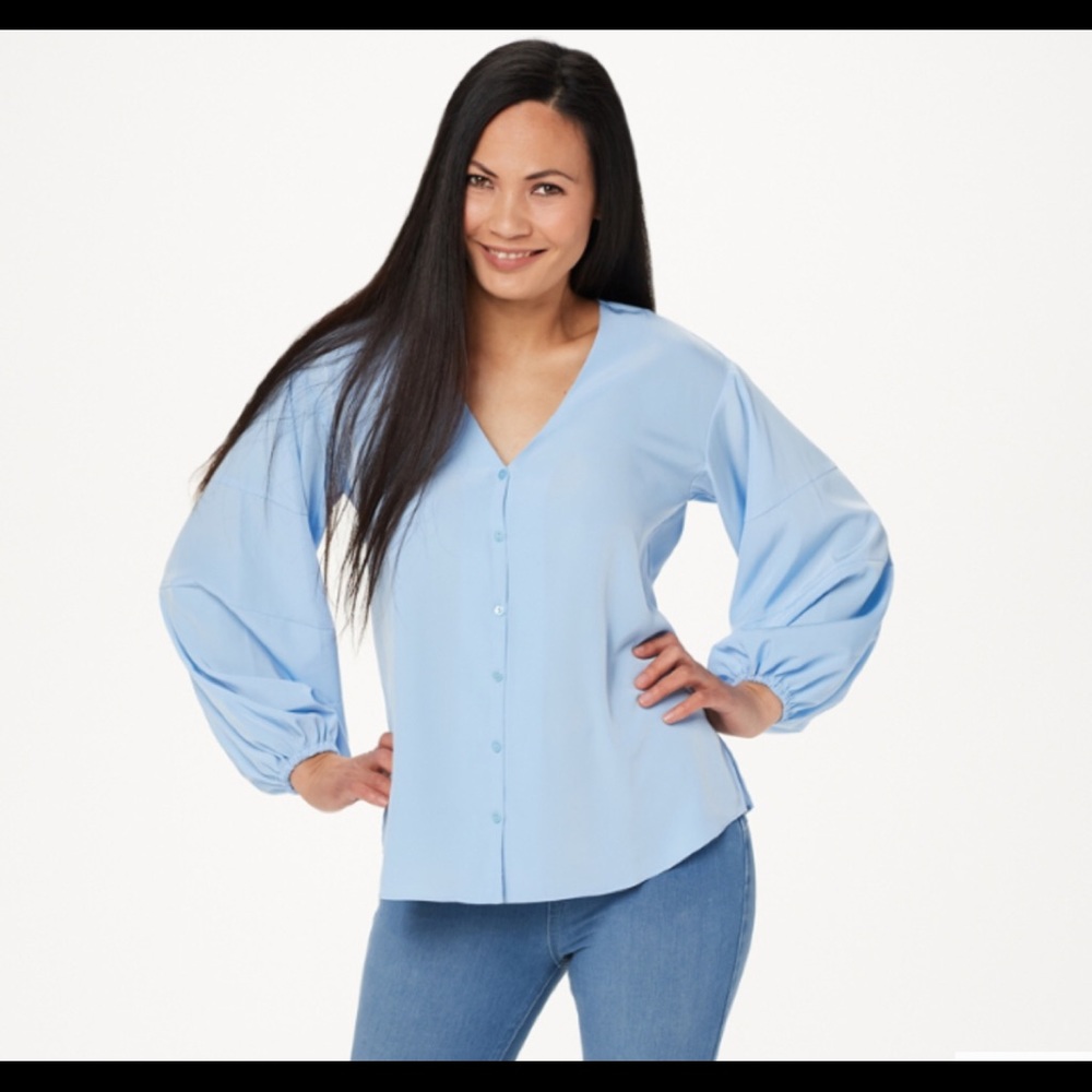 Laurie Felt Button Down Blouse with Ruched Sleeves
